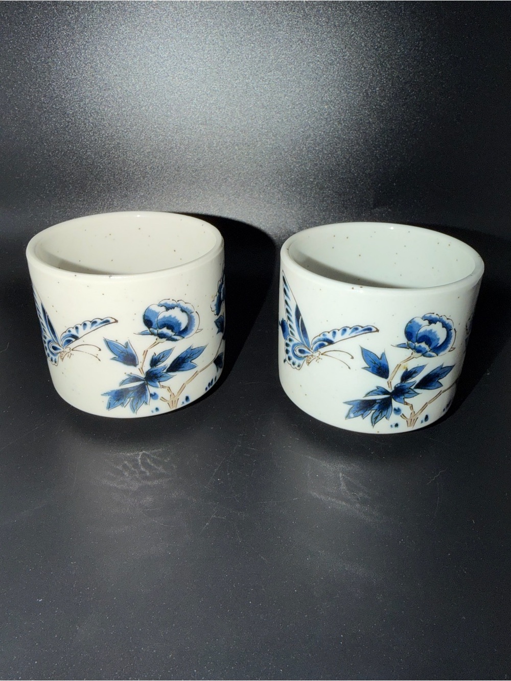 Japanese Meiji period soba choko with butterfly and floral motifs, Sake Tea Cups